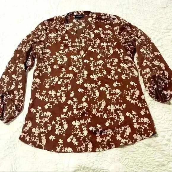 Limited Brown Satin Cherry Blossom Print Blouse‎ - size Small - Picture 1 of 5